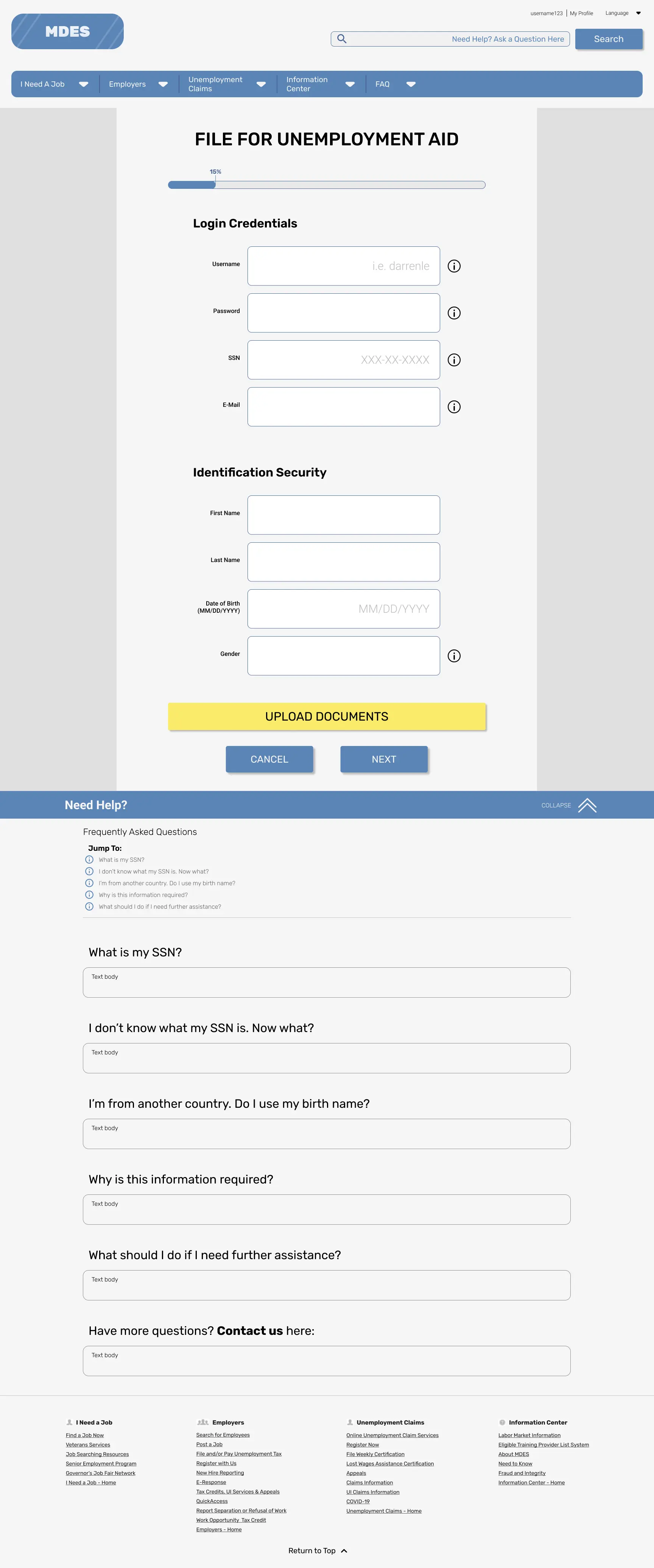 Medium fidelity mockup of the Frequently Asked Questions section design attached to the bottom of the application form