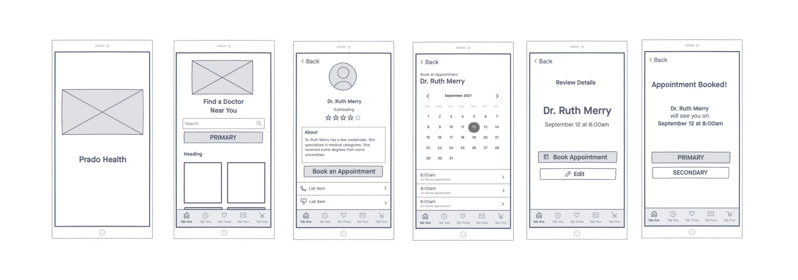 Low-fidelity mockups of the following screens: Loading, Home, Doctor Profile, Schedule an Appointment, Confirmation, Success message